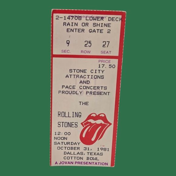 Rolling Stones Halloween Rainstorm 1981 Concert Ticket Stub - Cotton Bowl Dallas - Picture 1 of 3